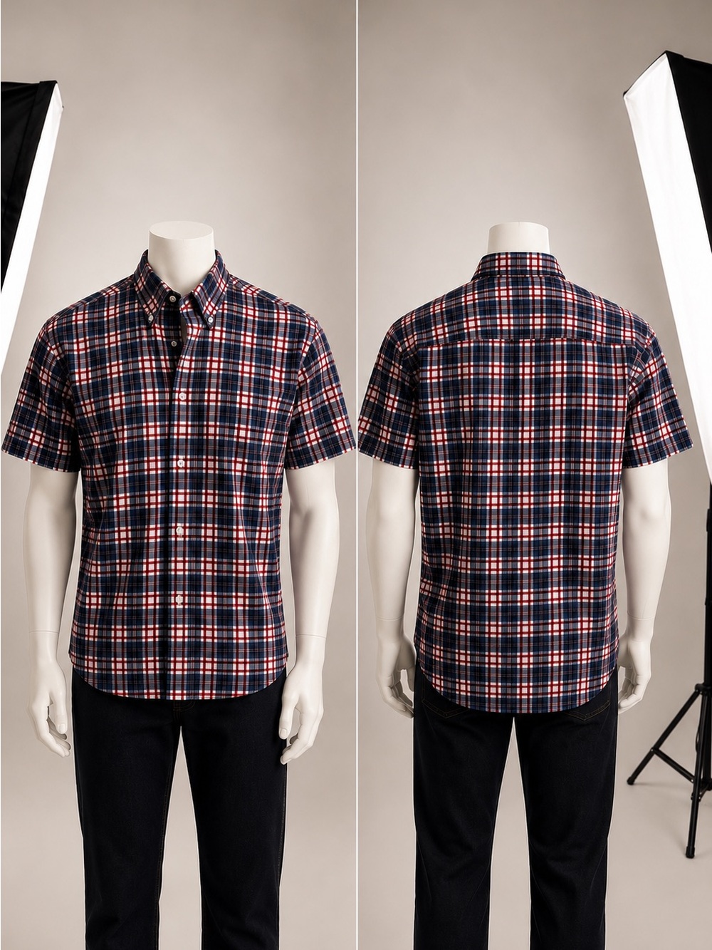 Jos. A. Bank Short-Sleeve Plaid Button-Down Shirt - Navy & Red